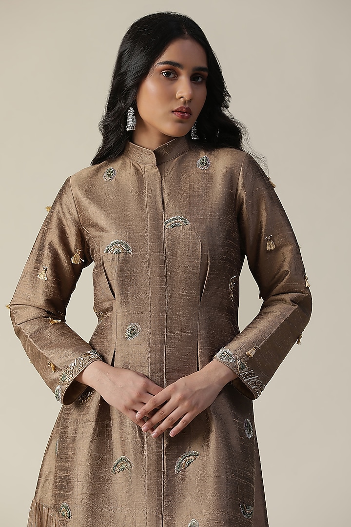 Cocoa Brown Raw Silk Embroidered Tunic by Arpita Sulakshana at Pernia's Pop Up Shop