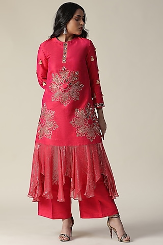 Pink Raw Silk Printed & Embroidered Tunic Set by Arpita Sulakshana