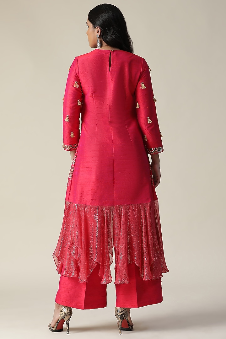 Pink Raw Silk Printed & Embroidered Tunic Set by Arpita Sulakshana at Pernia's Pop Up Shop