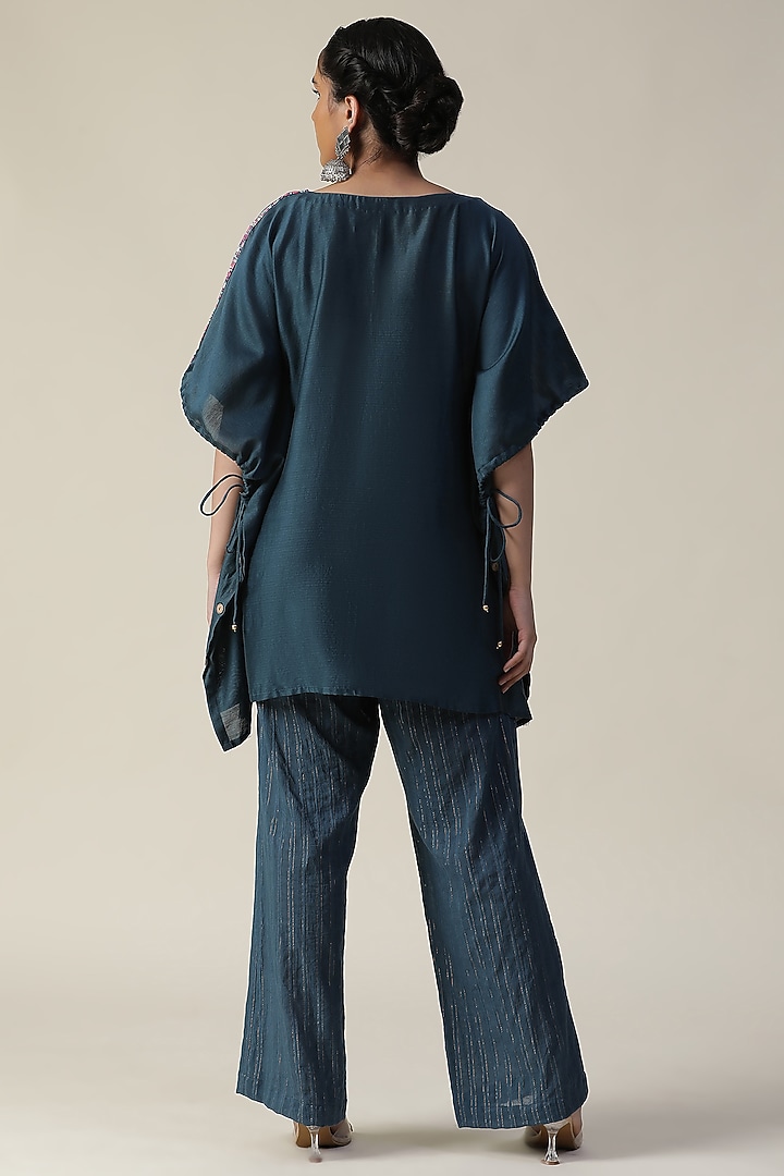 Prussian Blue Chander Silk Printed & Embroidered Co-Ord Set by Arpita Sulakshana at Pernia's Pop Up Shop