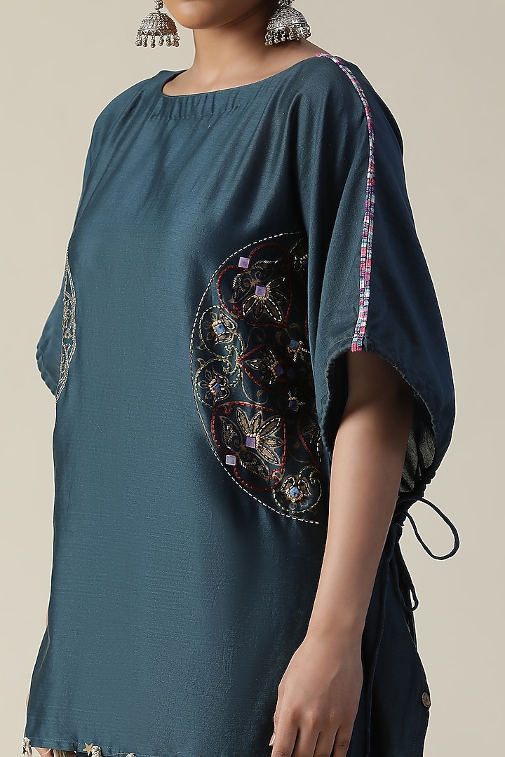 Prussian Blue Chander Silk Printed & Embroidered Co-Ord Set by Arpita Sulakshana at Pernia's Pop Up Shop