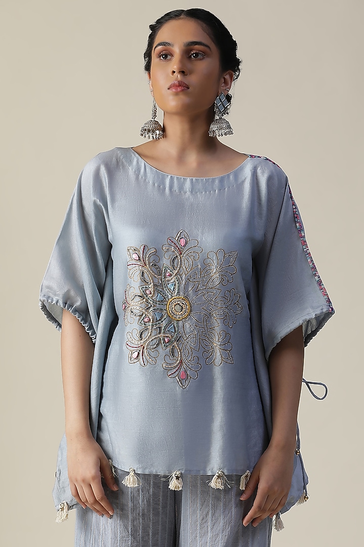 Ice Blue Chander Silk Printed & Embroidered Co-Ord Set by Arpita Sulakshana at Pernia's Pop Up Shop