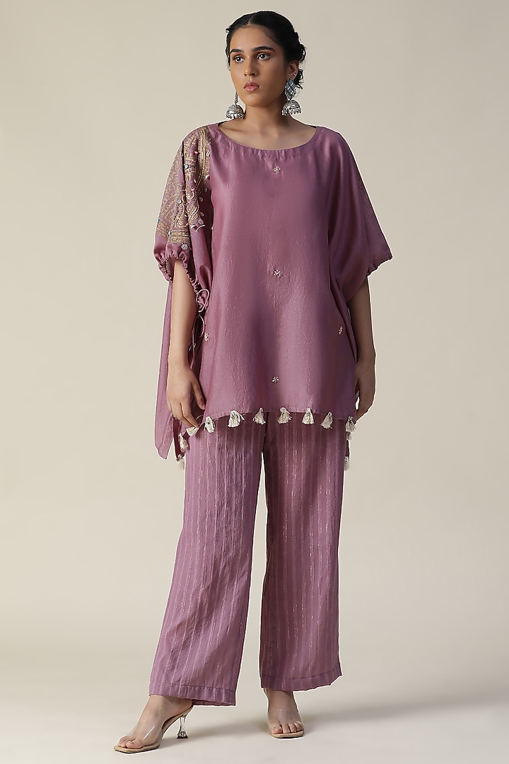 Rosy Mauve Chander Silk Printed & Embroidered Co-Ord Set by Arpita Sulakshana