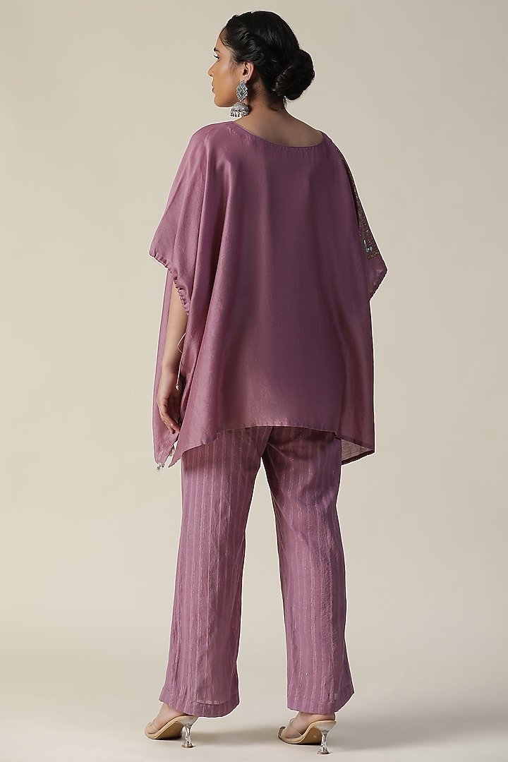 Rosy Mauve Chander Silk Printed & Embroidered Co-Ord Set by Arpita Sulakshana at Pernia's Pop Up Shop