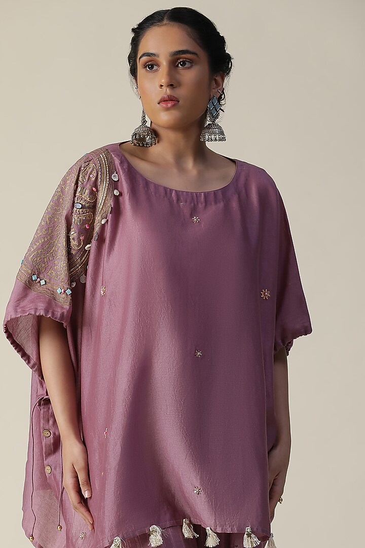 Rosy Mauve Chander Silk Printed & Embroidered Co-Ord Set by Arpita Sulakshana at Pernia's Pop Up Shop