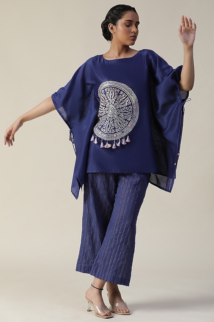 Cobalt Blue Chander Silk Printed & Embroidered Co-Ord Set by Arpita Sulakshana at Pernia's Pop Up Shop