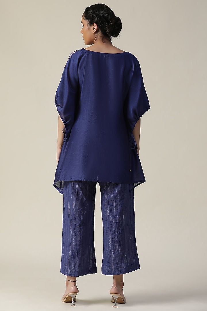 Cobalt Blue Chander Silk Printed & Embroidered Co-Ord Set by Arpita Sulakshana at Pernia's Pop Up Shop