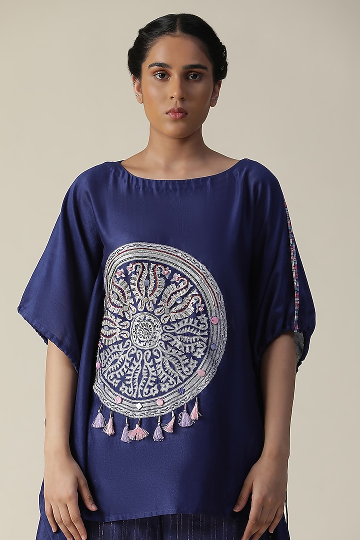 Cobalt Blue Chander Silk Printed & Embroidered Co-Ord Set by Arpita Sulakshana at Pernia's Pop Up Shop