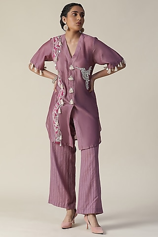 Rosy Mauve Chanderi Silk Handpainted & Embroidered Co-ord Set by Arpita Sulakshana