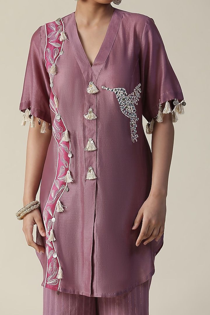 Rosy Mauve Chanderi Silk Handpainted & Embroidered Co-ord Set by Arpita Sulakshana at Pernia's Pop Up Shop