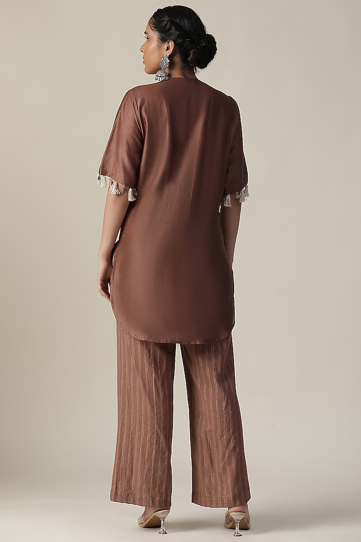Brown Chanderi Silk Handpainted & Embroidered Co-Ord Set by Arpita Sulakshana at Pernia's Pop Up Shop
