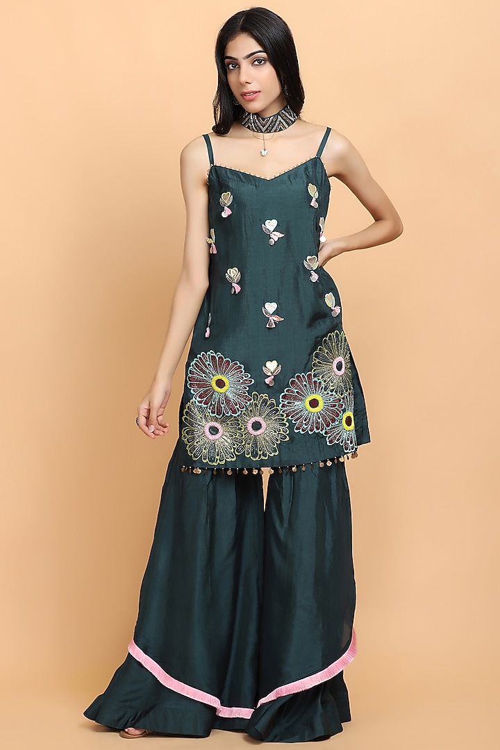 Bottle Green Silk Gharara Set by Arpita Sulakshana at Pernia's Pop Up Shop