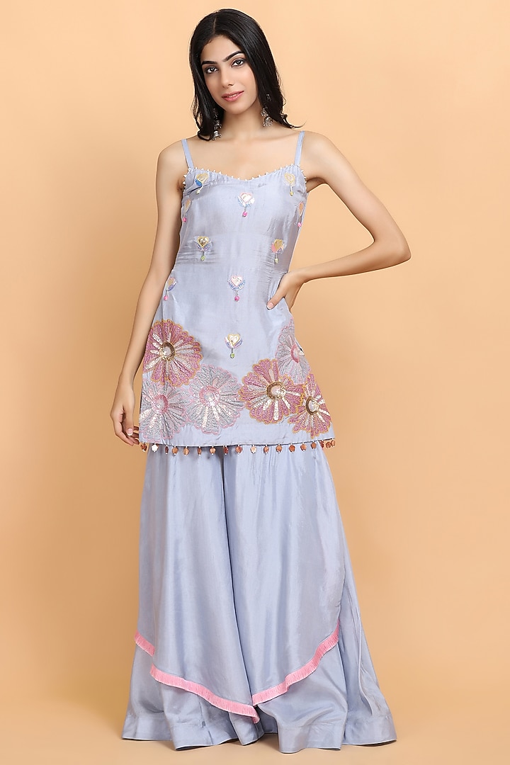 Ice Blue Silk Gharara Set by Arpita Sulakshana at Pernia's Pop Up Shop