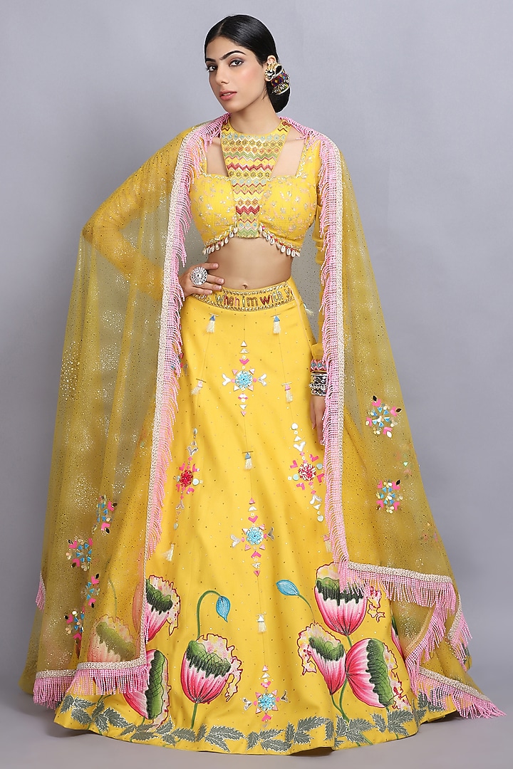 Canary Yellow Hand Painted Wedding Lehenga Set by Arpita Sulakshana at Pernia's Pop Up Shop