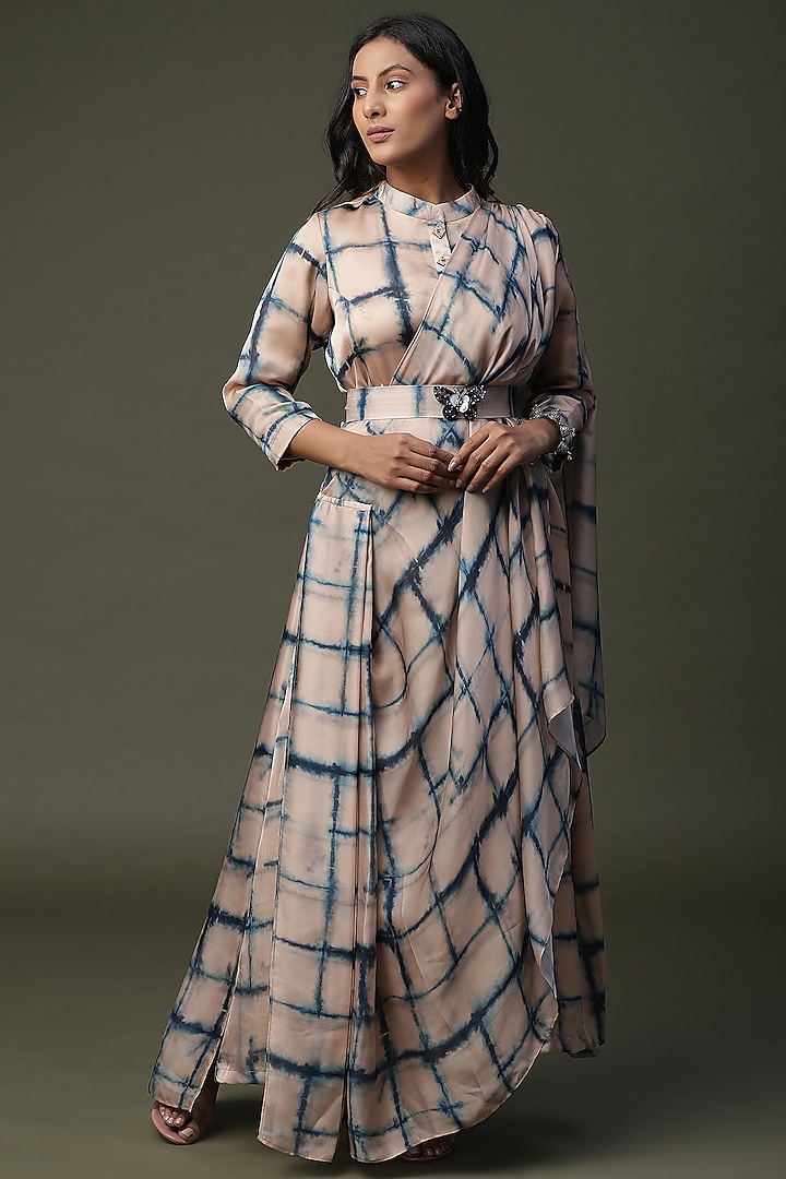 Beige Tie-Dye Draped Saree Set by Arpita Sulakshana