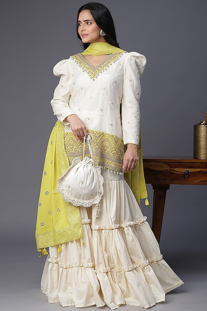 Ivory Chanderi Cotton Layered Gharara Set by Arpita Sulakshana