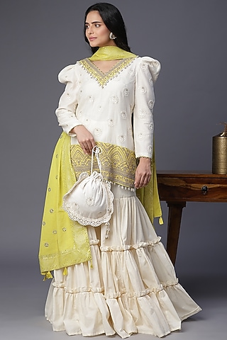 Ivory Chanderi Cotton Layered Gharara Set by Arpita Sulakshana