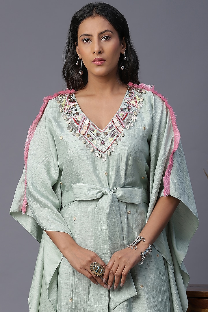 Sea Green Embroidered Kaftan With Belt by Arpita Sulakshana at Pernia's Pop Up Shop