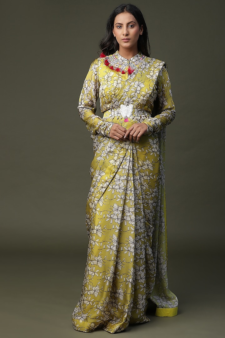 Yellow Satin Silk Floral Printed Draped Saree Set by Arpita Sulakshana