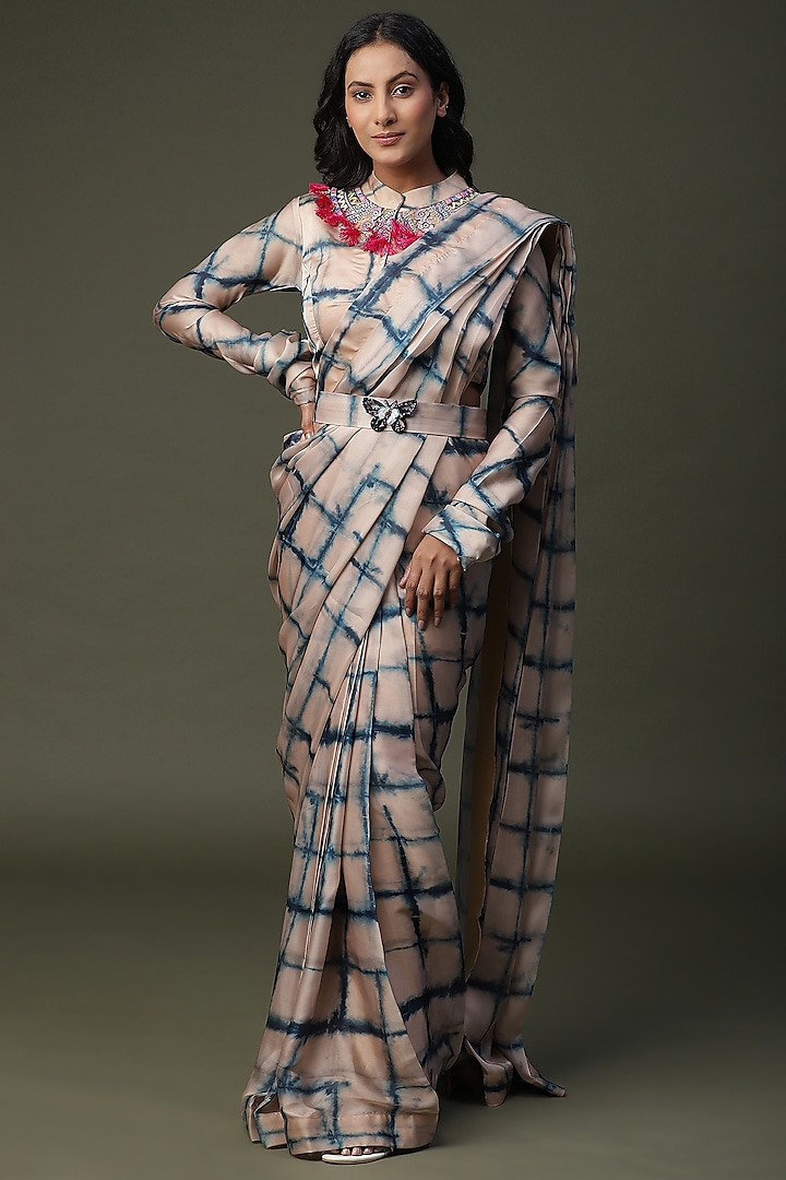 Beige Satin Silk Pre-Stitched Drape Saree Set by Arpita Sulakshana