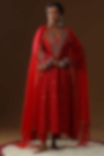 Red Chanderi Silk Sequins Embroidered Kurta Set by Arpita Sulakshana at Pernia's Pop Up Shop