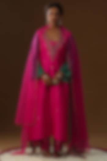 Hot Pink Pure Raw Silk Printed & Dori Embroidered Kurta Set by Arpita Sulakshana at Pernia's Pop Up Shop