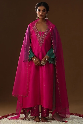 Hot Pink Pure Raw Silk Printed & Dori Embroidered Kurta Set by Arpita Sulakshana