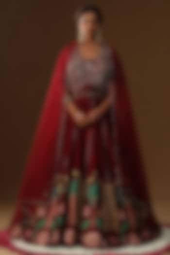 Maroon Raw Silk Thread Embroidered Wedding Anarkali Set by Arpita Sulakshana at Pernia's Pop Up Shop