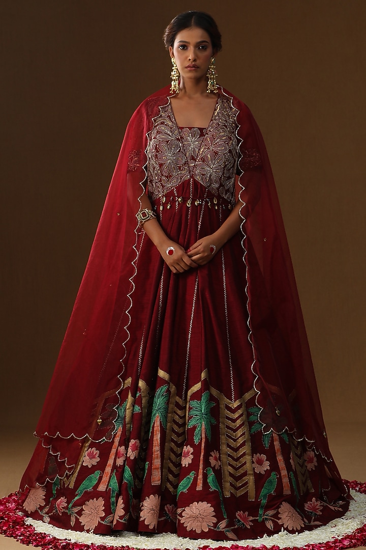 Maroon Raw Silk Thread Embroidered Wedding Anarkali Set by Arpita Sulakshana at Pernia's Pop Up Shop