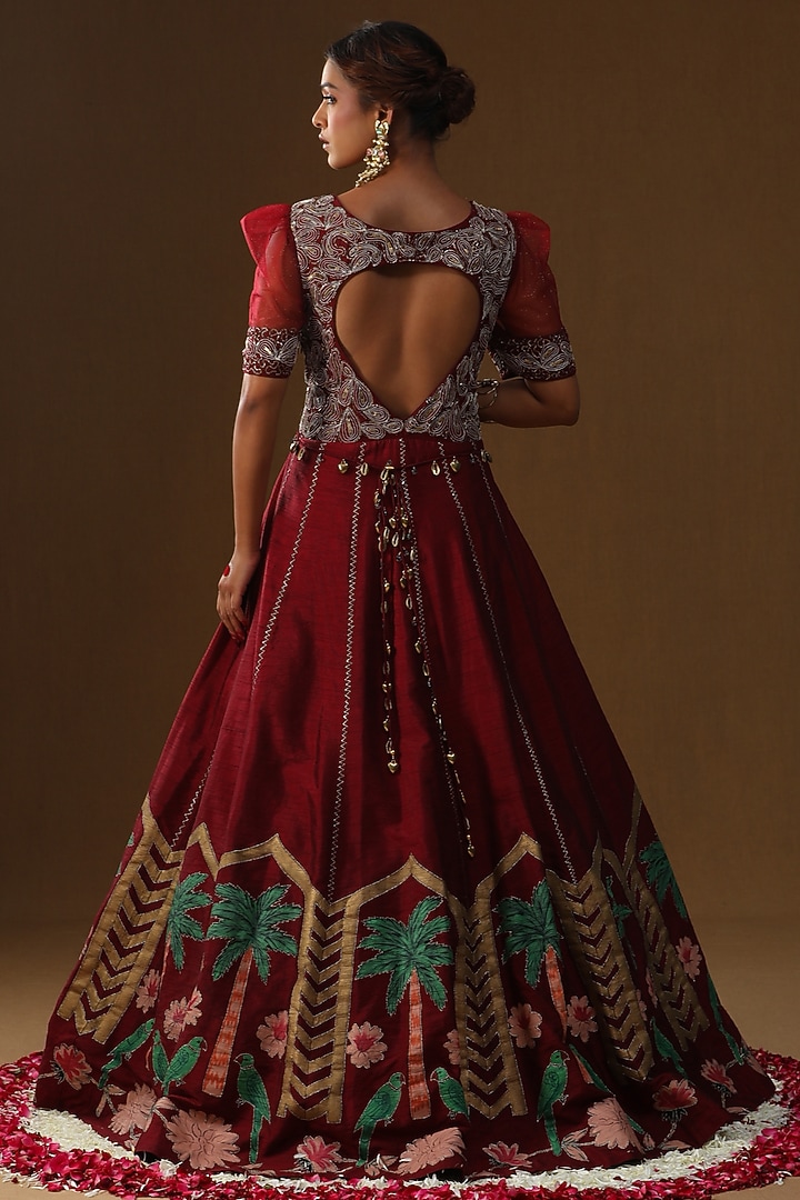 Maroon Raw Silk Thread Embroidered Wedding Anarkali Set by Arpita Sulakshana at Pernia's Pop Up Shop