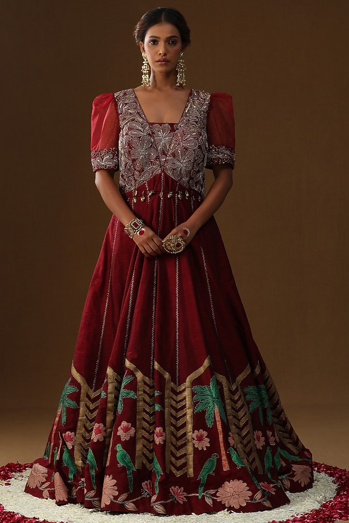 Maroon Raw Silk Thread Embroidered Wedding Anarkali Set by Arpita Sulakshana at Pernia's Pop Up Shop
