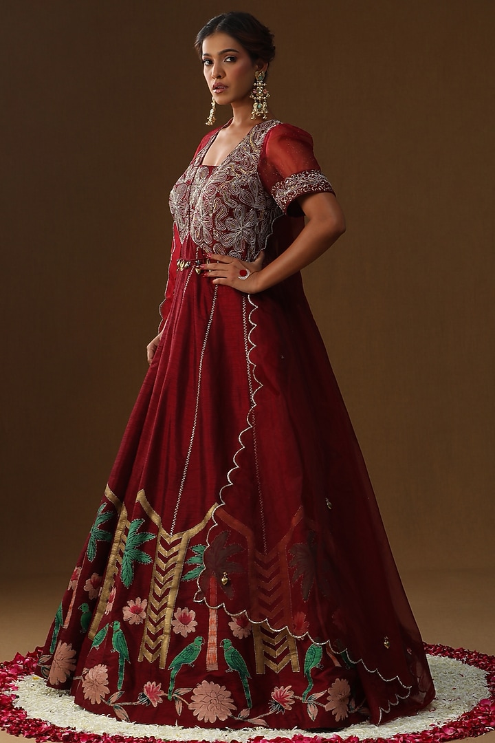 Maroon Raw Silk Thread Embroidered Wedding Anarkali Set by Arpita Sulakshana at Pernia's Pop Up Shop