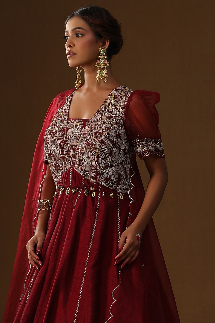 Maroon Raw Silk Thread Embroidered Wedding Anarkali Set by Arpita Sulakshana at Pernia's Pop Up Shop