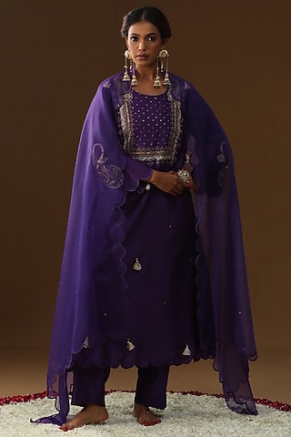 Purple Chanderi Silk Zari Embroidered Kurta Set by Arpita Sulakshana