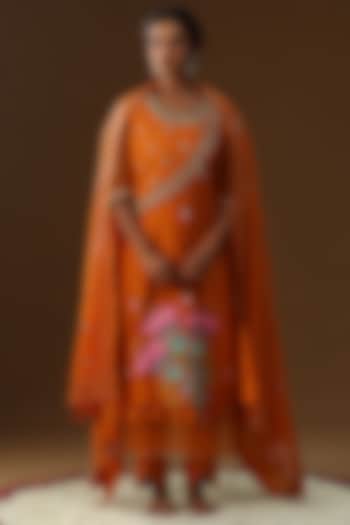 Orange Chanderi Silk Floral Hand Painted Kurta Set by Arpita Sulakshana at Pernia's Pop Up Shop