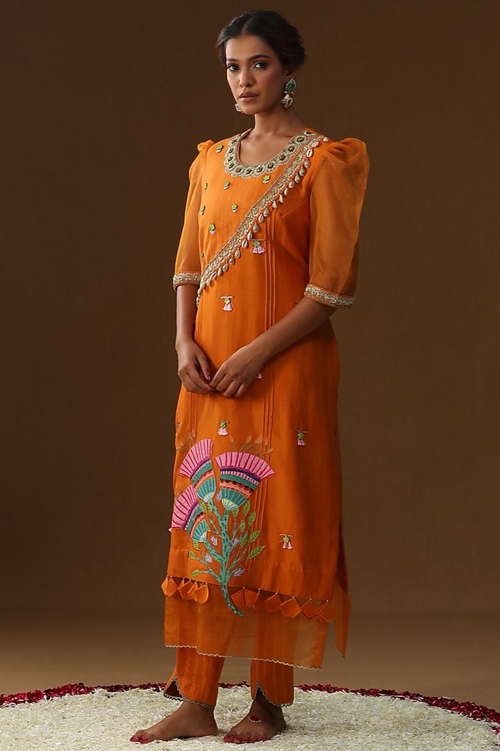 Orange Chanderi Silk Floral Hand Painted Kurta Set by Arpita Sulakshana at Pernia's Pop Up Shop