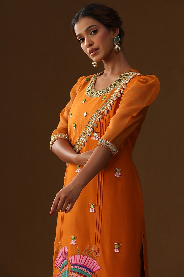 Orange Chanderi Silk Floral Hand Painted Kurta Set by Arpita Sulakshana at Pernia's Pop Up Shop
