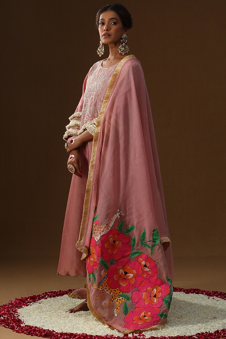 Old Rose Chanderi Silk Floral Hand Painted Kurta Set by Arpita Sulakshana at Pernia's Pop Up Shop