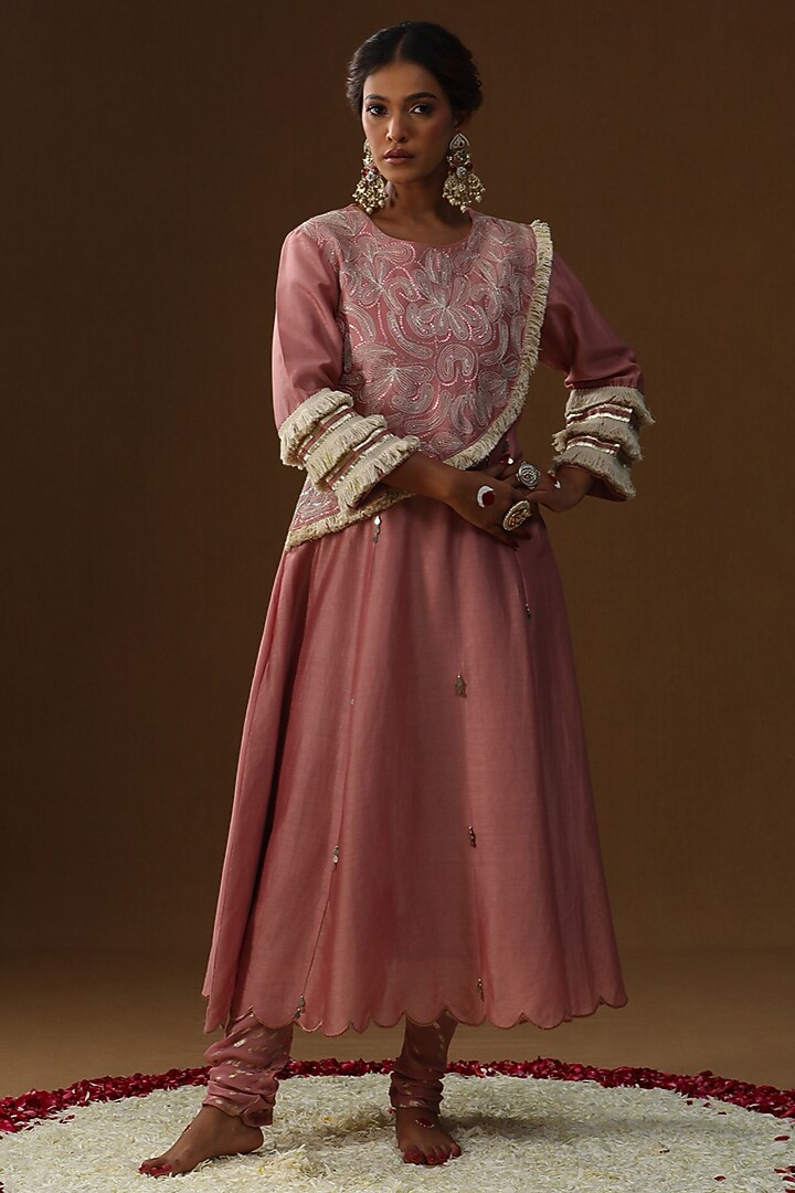 Old Rose Chanderi Silk Floral Hand Painted Kurta Set by Arpita Sulakshana at Pernia's Pop Up Shop
