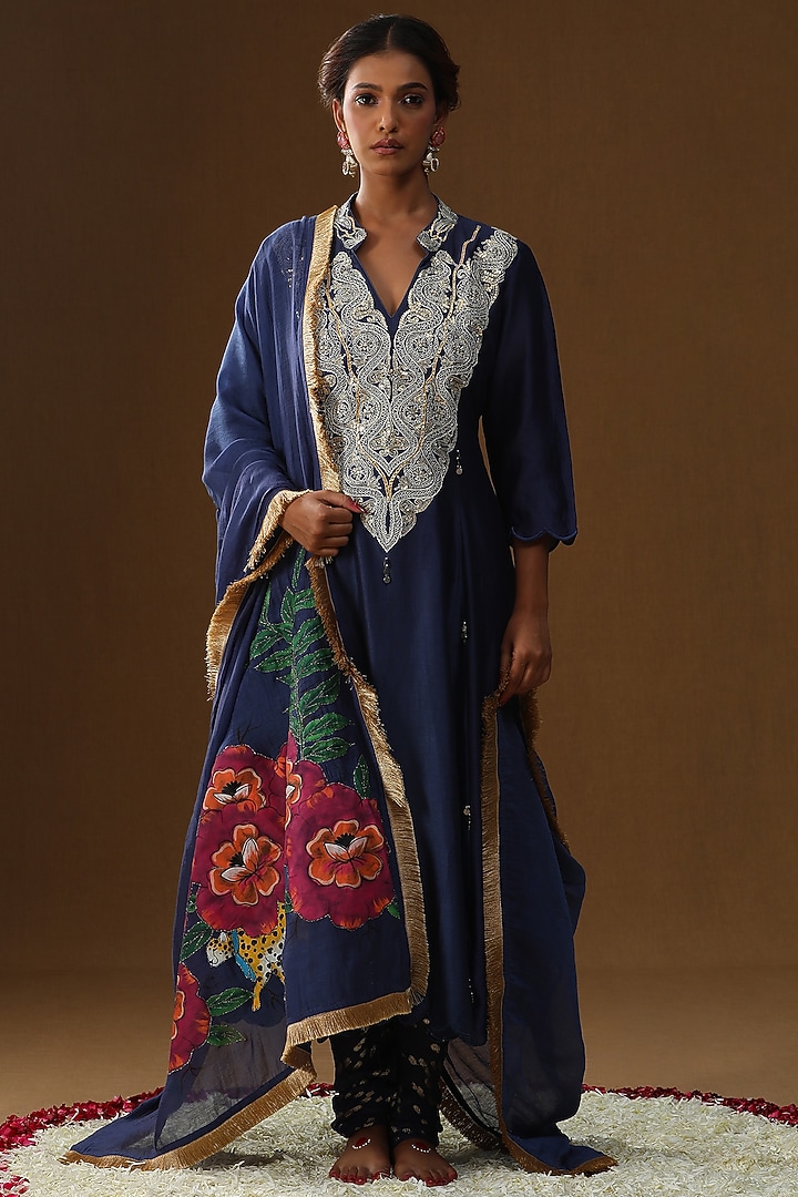 Royal Blue Chanderi Silk Kurta Set by Arpita Sulakshana at Pernia's Pop Up Shop
