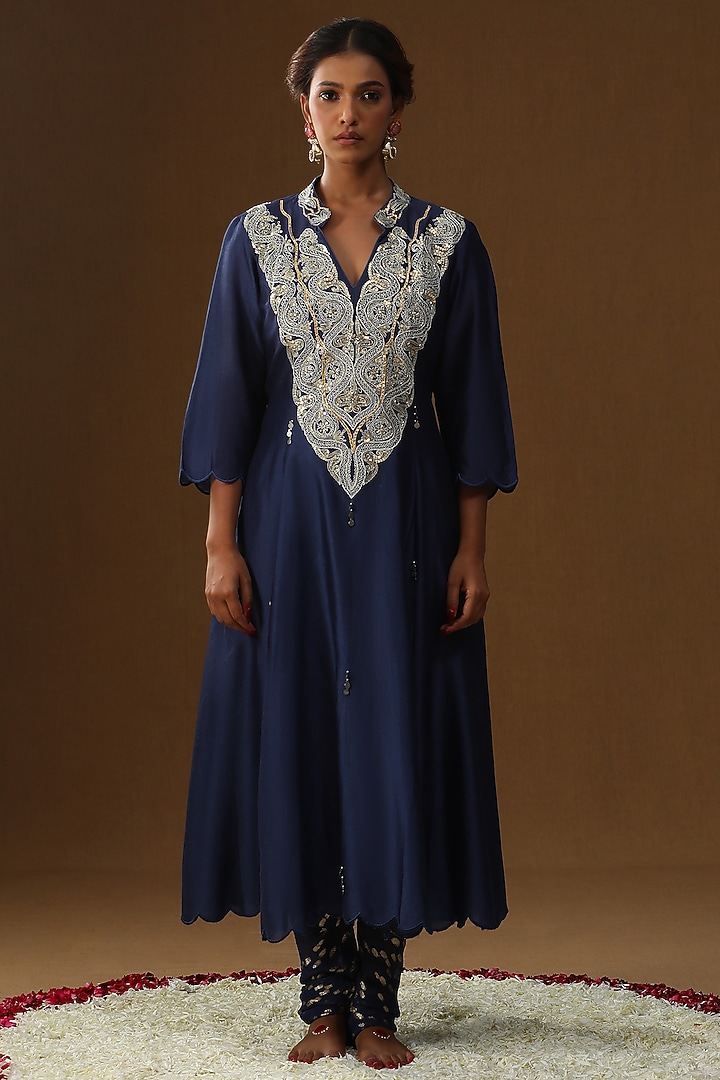 Royal Blue Chanderi Silk Kurta Set by Arpita Sulakshana at Pernia's Pop Up Shop