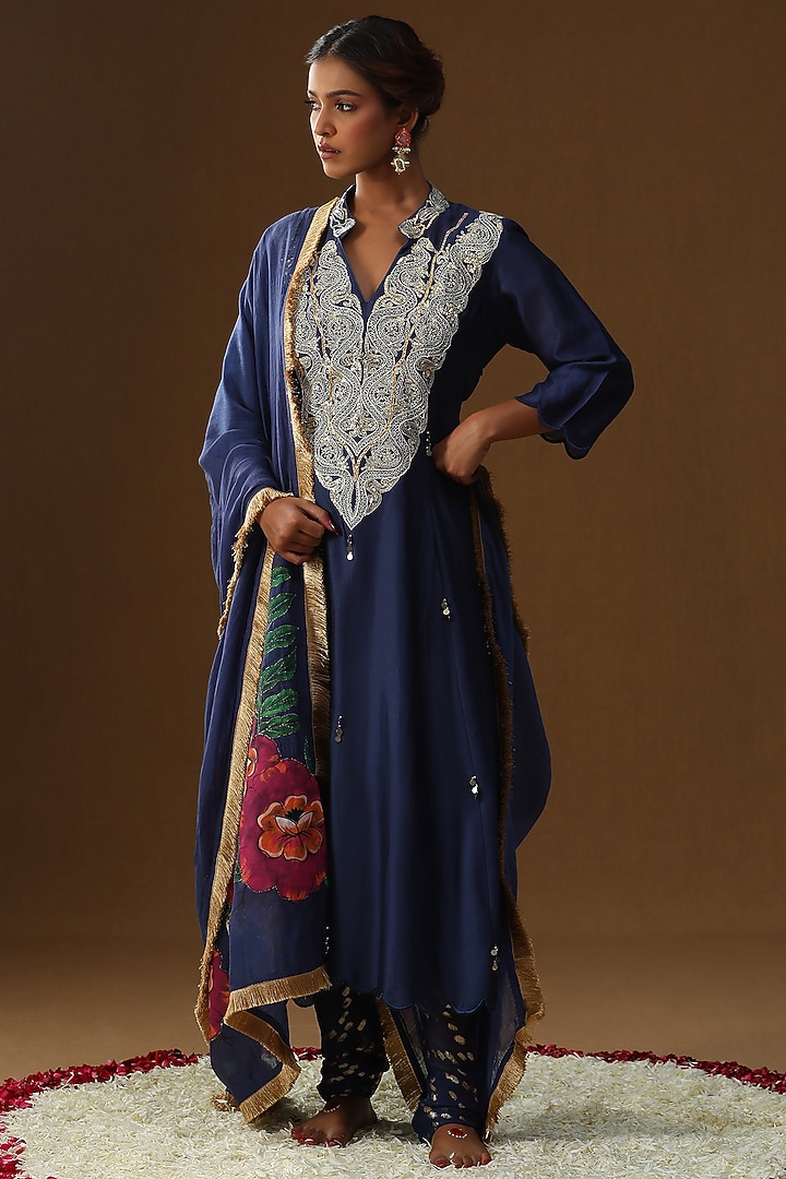 Royal Blue Chanderi Silk Kurta Set by Arpita Sulakshana at Pernia's Pop Up Shop