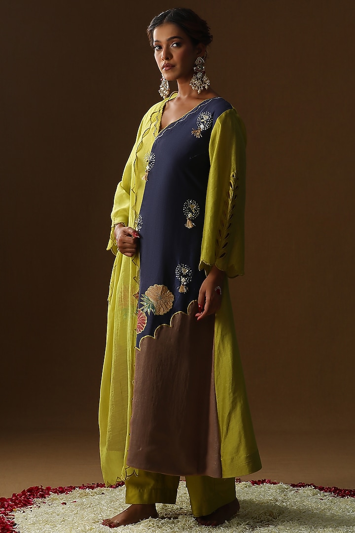Lime Green & Blue Chanderi Silk Kurta Set by Arpita Sulakshana at Pernia's Pop Up Shop