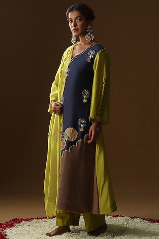 Lime Green & Blue Chanderi Silk Kurta Set by Arpita Sulakshana