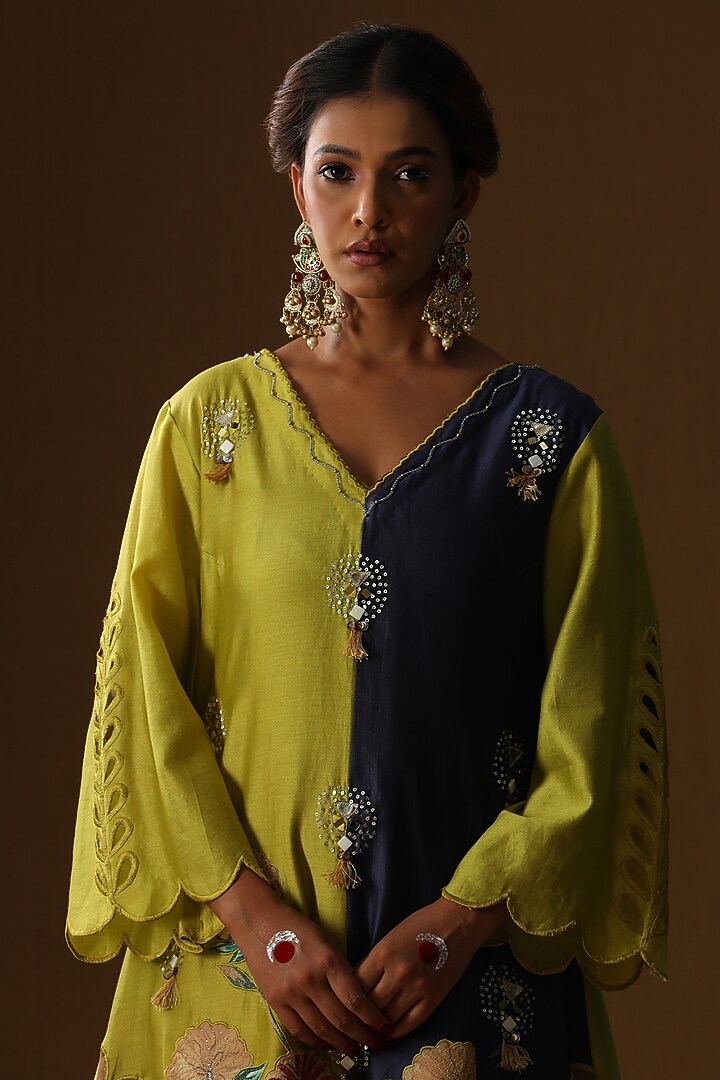 Lime Green & Blue Chanderi Silk Kurta Set by Arpita Sulakshana at Pernia's Pop Up Shop