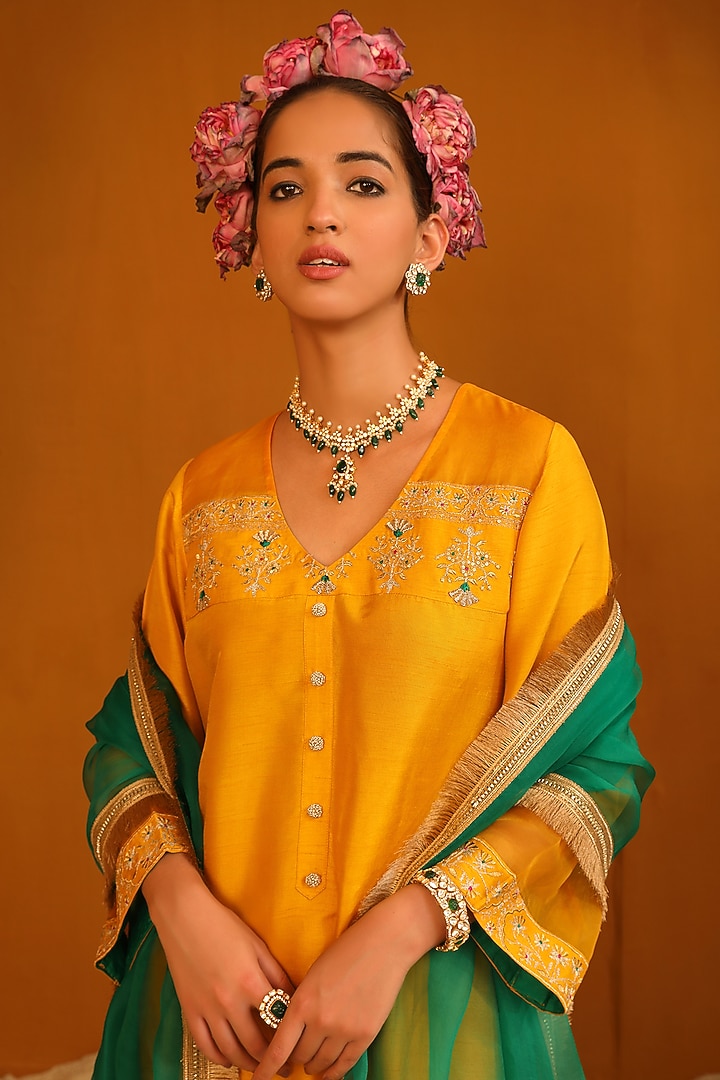 Gold Plated Kundan Polki & Green Drop Pendant Necklace In Sterling Silver by Kaari at Pernia's Pop Up Shop