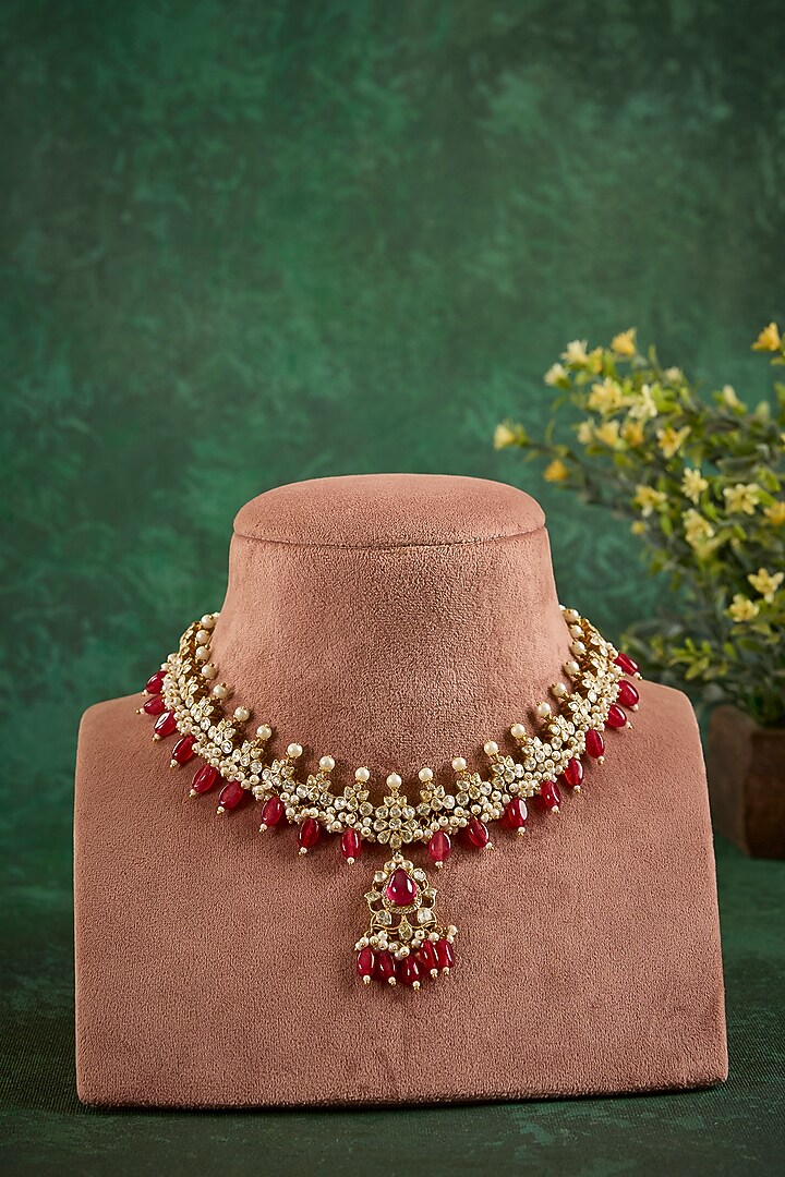 Gold Plated Kundan Polki & Green Drop Pendant Necklace In Sterling Silver by Kaari at Pernia's Pop Up Shop