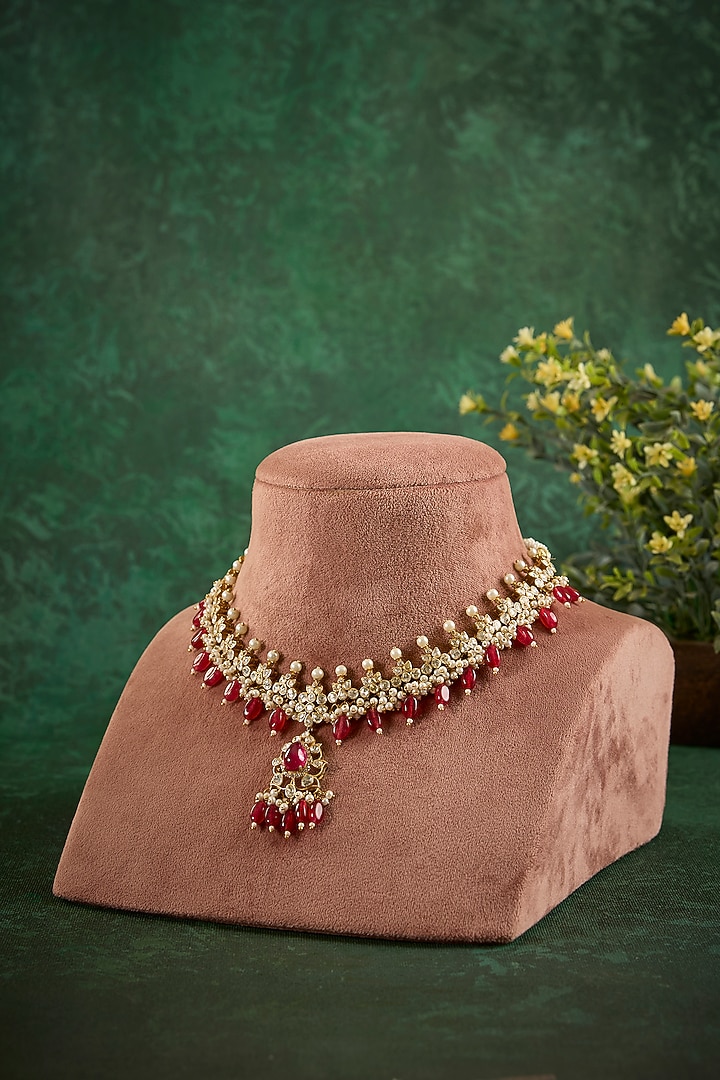 Gold Plated Kundan Polki & Green Drop Pendant Necklace In Sterling Silver by Kaari at Pernia's Pop Up Shop