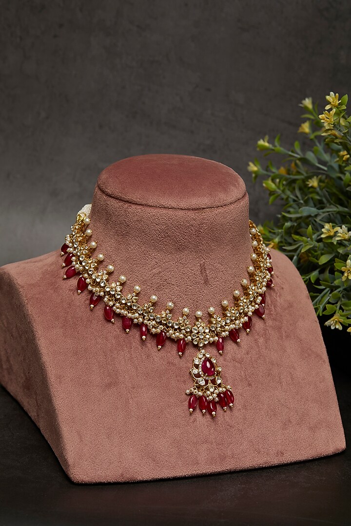 Gold Plated Kundan Polki & Green Drop Pendant Necklace In Sterling Silver by Kaari at Pernia's Pop Up Shop