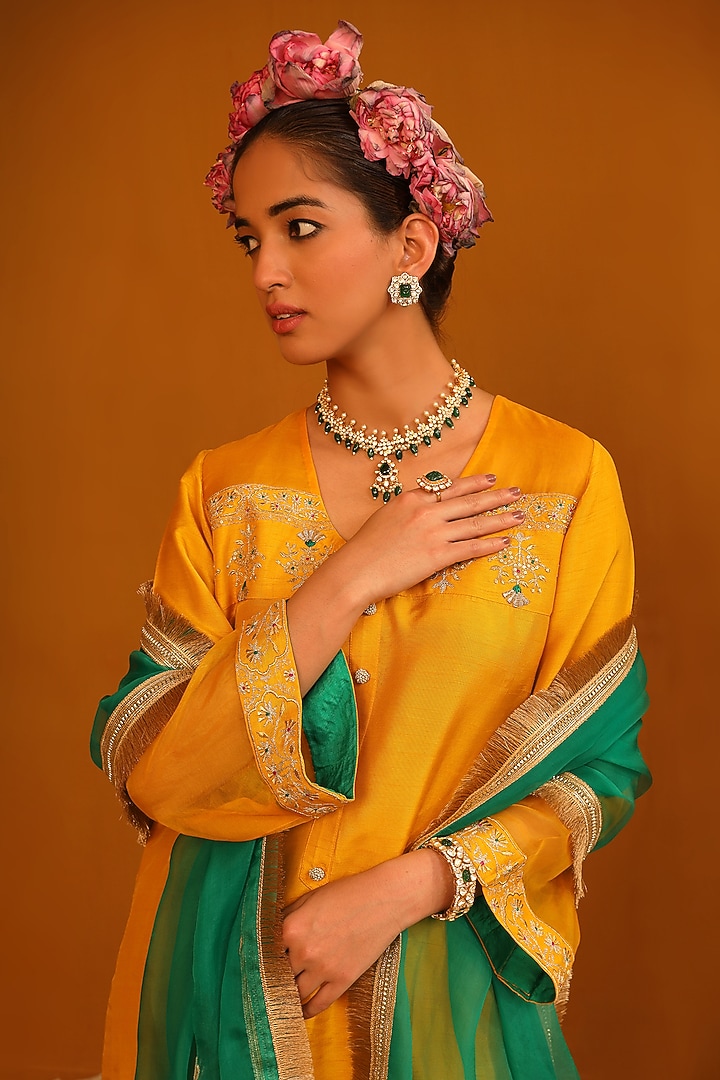 Gold Plated Kundan Polki & Green Drop Pendant Necklace In Sterling Silver by Kaari at Pernia's Pop Up Shop